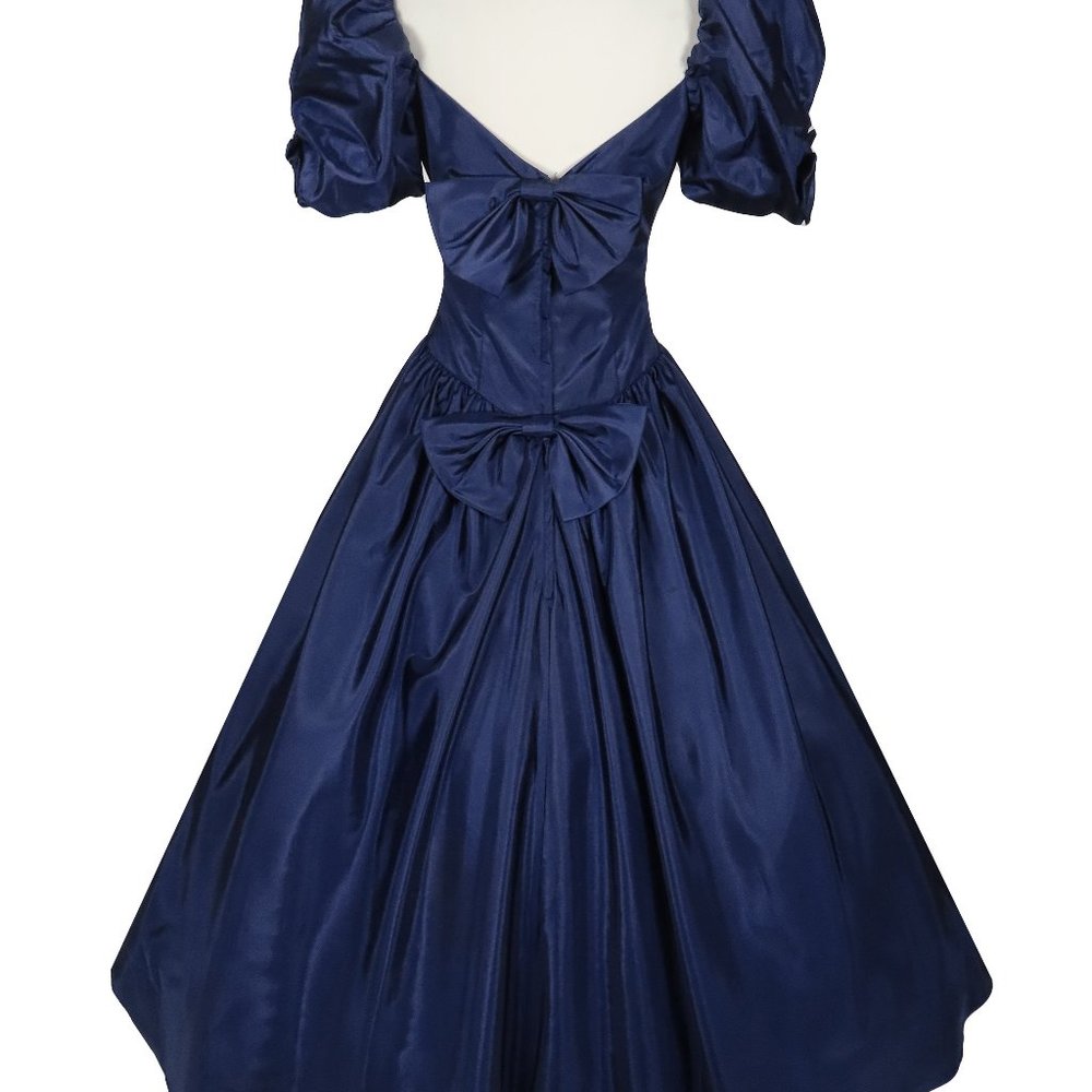 Vintage 80s Navy Blue Taffeta Puff Sleeve Full Skirt Hi Lo Prom Party Dress XS - Picture 9 of 10